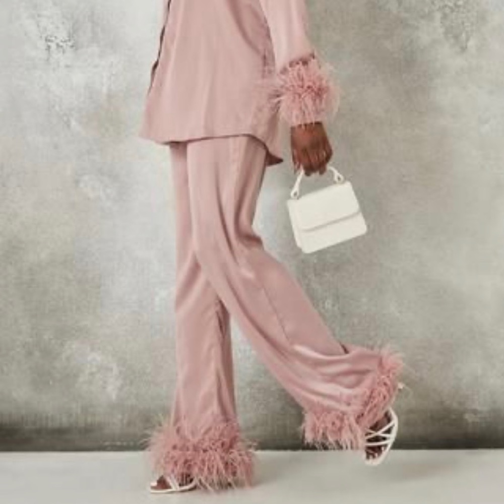 Missguided blush satin feather trim pants size 14